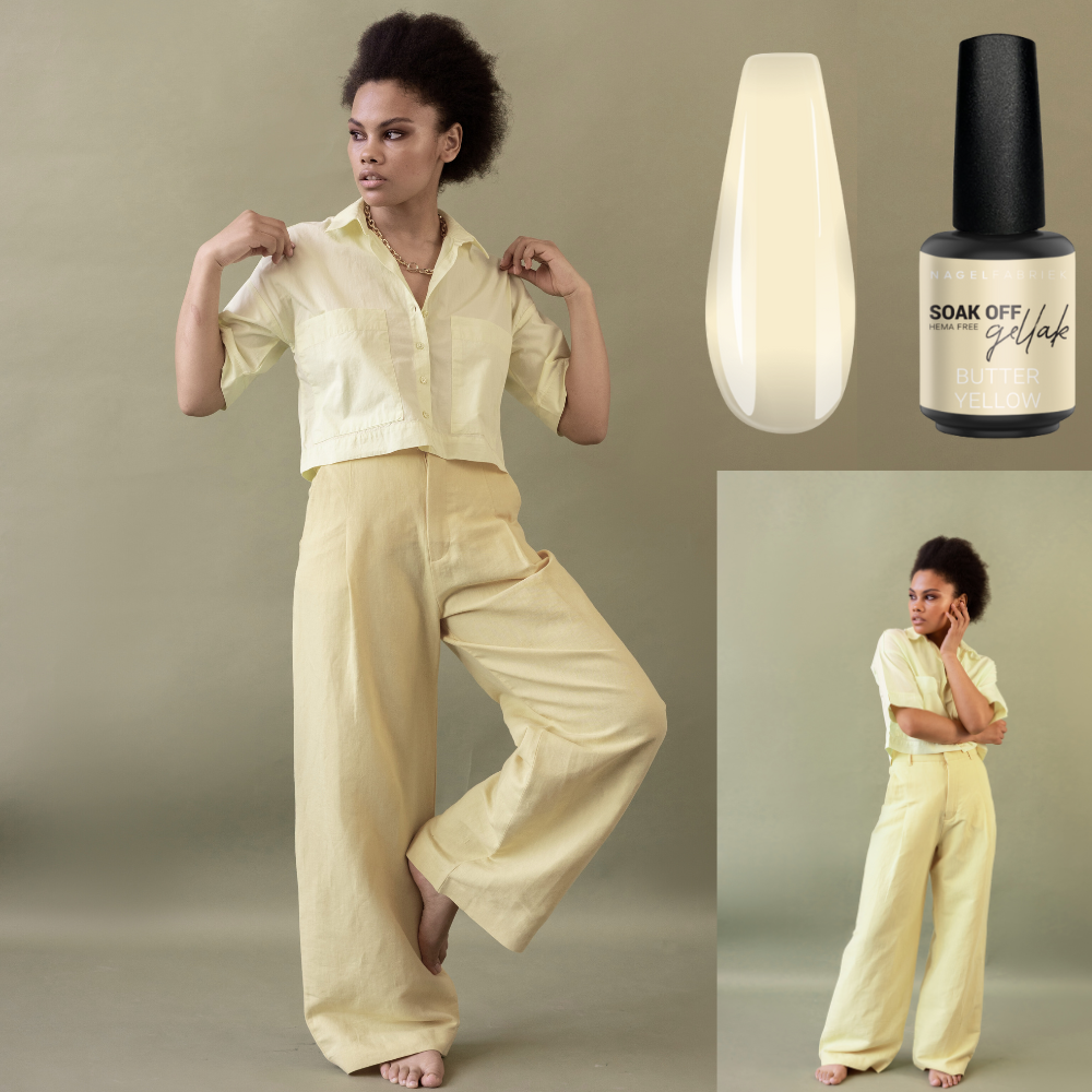 Butter Yellow gellak kleurtrend 2025 – zachte pasteltint op nagels