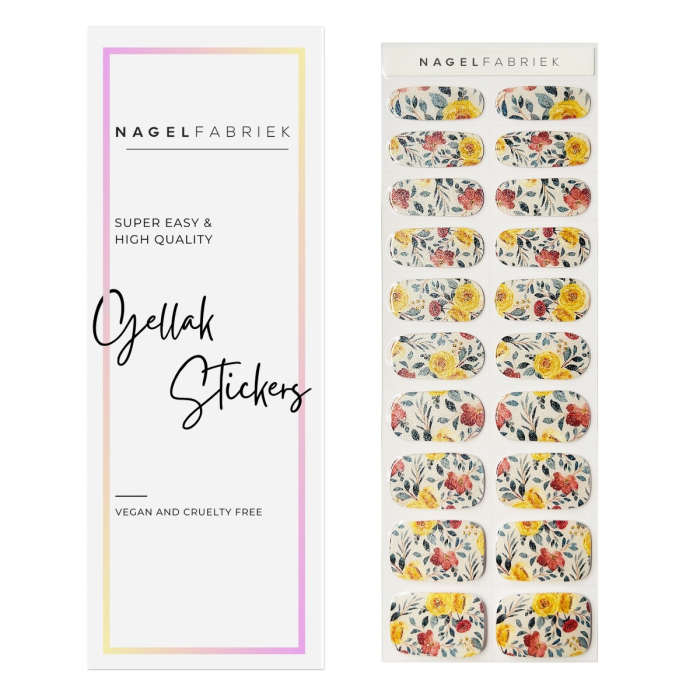 20 gellak stickers met bloemenprint en glittters. 