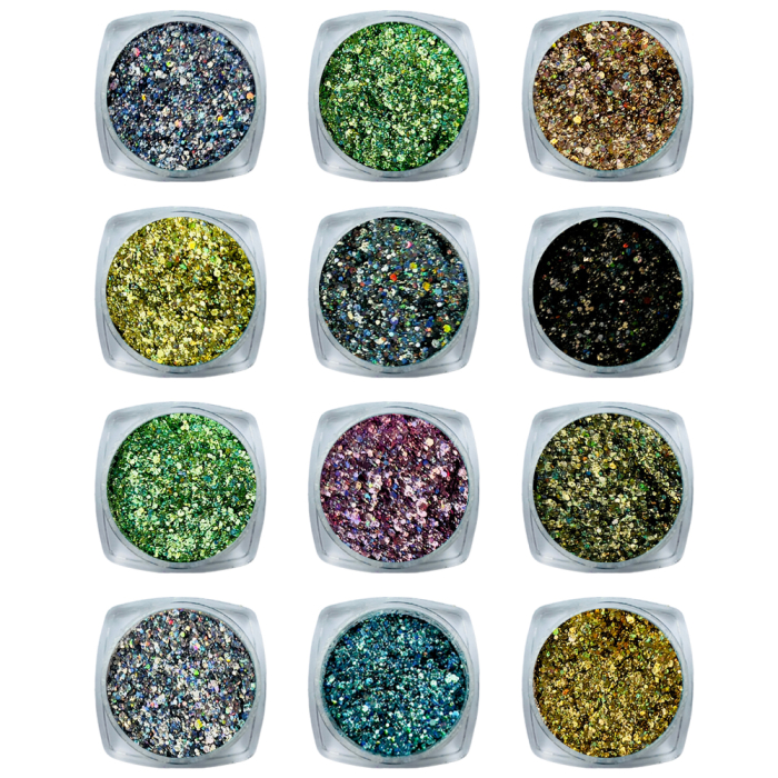 Nail Art Glittermix in 12 verschillende kleuren.