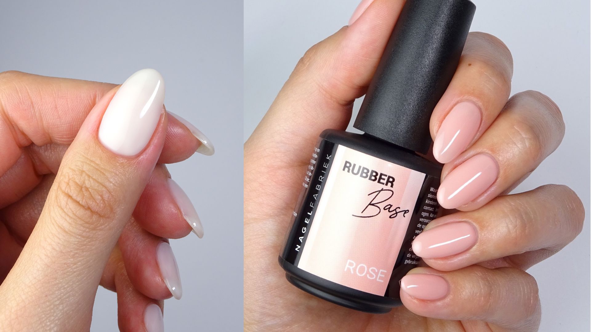 Swatch met rubber base shimmer gellak in elegant pink cherry rood Swatchfoto van hand met rubber base shimmer gellak in zachte roze kleur